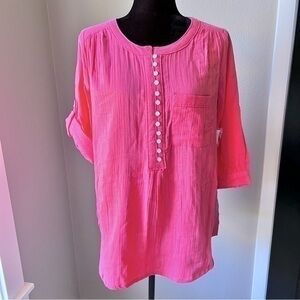💚NWT Cafe’ Marrahesh roll sleeve coral tunic top size small